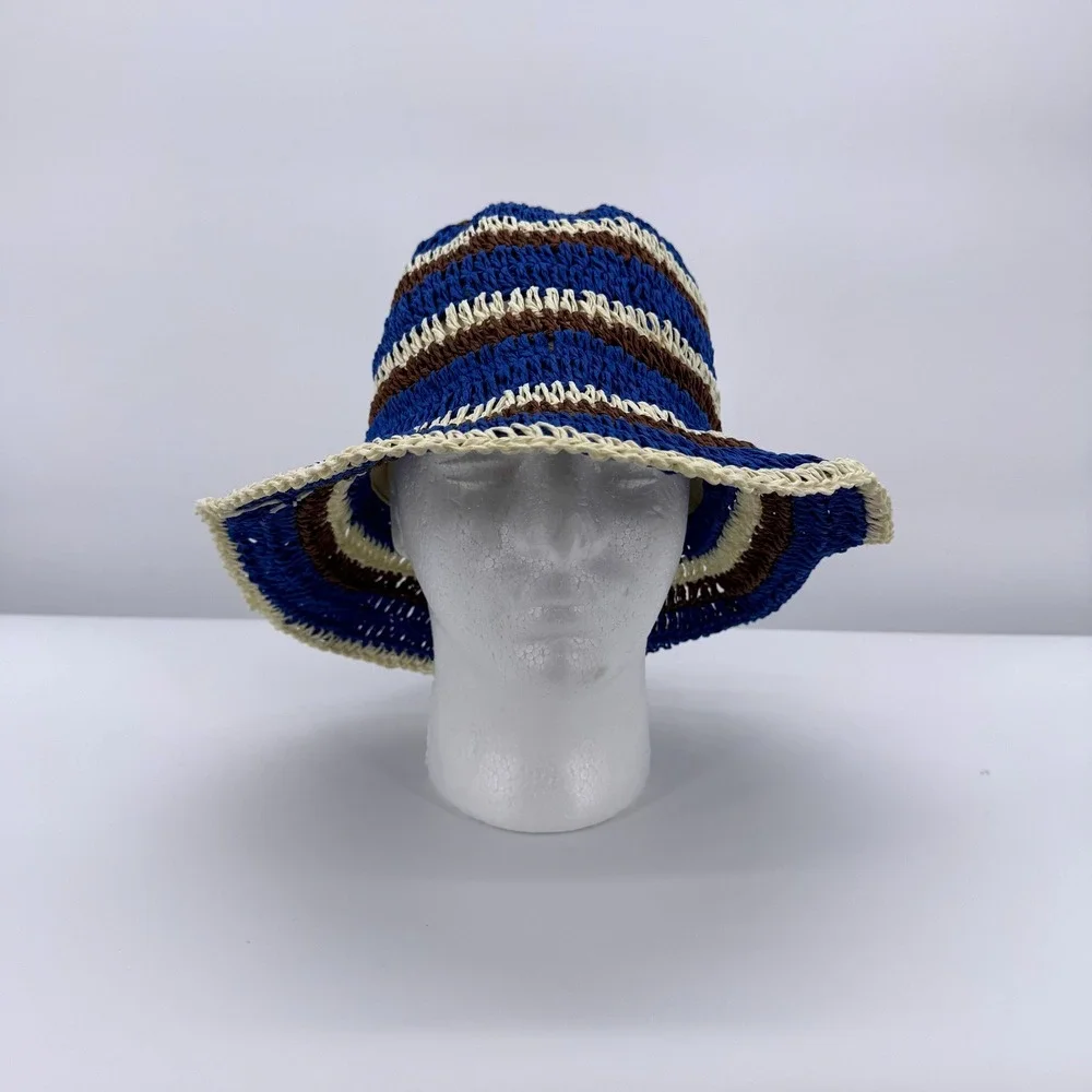 Timeless Basic Striped Straw Bucket Hat Womens OS Blue Brown Crochet Sun Hat